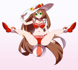 Rule 34 | adjusting clothes, adjusting headwear, ball, beachball, bikini, breasts, brown hair, collarbone, commentary request, flower, frilled bikini, frills, full body, green eyes, hair flower, hair ornament, hat, highres, iris (mega man), joints, kaidou zx, long hair, medium breasts, mega man (series), mega man x (series), mega man x dive, navel, red bikini, robot girl, simple background, spread legs, sun hat, swimsuit, variant set, very long hair, white background
