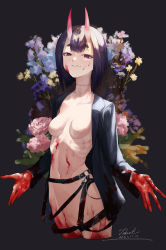 Rule 34 | 1girl, absurdres, bad id, bad pixiv id, belt, black jacket, blood, blood on hands, bob cut, breasts, collarbone, eyeliner, fate/grand order, fate (series), flower, headpiece, highres, horns, jacket, long sleeves, looking at viewer, makeup, naked jacket, navel, no nipples, oni, open clothes, open jacket, purple eyes, purple hair, pussy, short hair, shuten douji (fate), skin-covered horns, small breasts, smile, solo, taino kou
