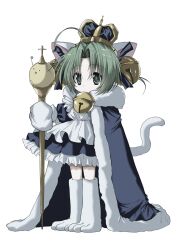 Rule 34 | 1girl, ahoge, animal ears, apron, bell, black dress, cape, cat ears, cat girl, cat tail, closed mouth, cross, crown, dejiko, di gi charat, dot mouth, dress, expressionless, frilled apron, frilled dress, frills, full body, fur-trimmed cape, fur trim, gloves, green eyes, green hair, highres, holding, holding staff, jingle bell, looking at viewer, neck bell, short hair, simple background, solo, staff, tachi-e, tail, tail raised, unkogakatasugi, white apron, white background, white gloves, white tail