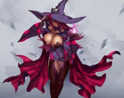 Rule 34 | 1girl, bare shoulders, black gloves, black sclera, blazblue, blazblue: central fiction, breasts, cleavage, colored sclera, elbow gloves, eu03, fingernails, fire, gloves, hair over one eye, hat, huge breasts, impossible clothes, konoe a. mercury, lips, long hair, looking at viewer, mature female, nose, official art, pasties, purple fire, red hair, sharp fingernails, solo, thigh gap, thighs, witch hat, yellow eyes