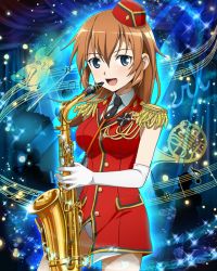 Rule 34 | 1girl, band uniform, beamed quavers, blue eyes, charlotte e. yeager, elbow gloves, epaulettes, gloves, hat, instrument, long hair, marching band, musical note, necktie, open mouth, orange hair, panties, quaver, saxophone, smile, solo, staff (music), strike witches, underwear, uniform, white panties, world witches series