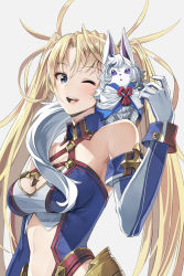 Rule 34 | 1girl, bare shoulders, blonde hair, blue eyes, blush, bradamante (fate), bradamante (first ascension) (fate), braid, breasts, cleavage, elbow gloves, fate/grand order, fate (series), fou (fate), french braid, gloves, hair between eyes, leotard, long hair, looking at viewer, medium breasts, multiple boys, one eye closed, open mouth, smile, twintails, upper body, very long hair, yahako