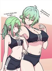 Rule 34 | 2girls, absurdres, ahoge, breast envy, breasts, cleavage, cowboy shot, crop top, earrings, english text, green hair, highres, jewelry, large breasts, looking at another, medium breasts, medium support (meme), meme, midriff, mole, mole under eye, multiple girls, original, red eyes, smile, teeth, tiedtiki, twintails