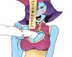 Rule 34 | 1girl, arm grab, assertive female, between breasts, blue skin, blush, blush stickers, grabbing another&#039;s breast, breasts, brown eyes, capcom, chinese clothes, cleavage, cleavage cutout, clothing cutout, colored skin, covered erect nipples, expressive clothes, flipped hair, grabbing, guided breast grab, guiding hand, hat, jiangshi, kusada, large breasts, lei lei, nail polish, naughty face, ofuda, open mouth, purple hair, qingdai guanmao, short hair, solo focus, sweat, translated, vampire (game), yellow eyes