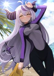 Rule 34 | 1girl, absurdres, ahoge, beach, black one-piece swimsuit, blush, bodysuit, braid, breasts, cloud, commentary, demon girl, demon horns, demon tail, diving suit, english commentary, fionakaenbyou, highres, hololive, horns, la+ darknesss, long hair, looking at viewer, multicolored hair, one-piece swimsuit, palm tree, pointy ears, pukonuu, purple hair, single braid, small breasts, streaked hair, striped horns, summer, swimsuit, tail, tree, two-tone swimsuit, virtual youtuber, water, wetsuit, white hair, yellow eyes