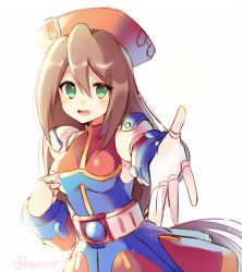 Rule 34 | 1girl, android, belt, beret, blush, breasts, brown hair, capcom, clenched hand, dress, gloves, green eyes, hair between eyes, hat, iris (mega man), long hair, looking at viewer, looking to the side, medium breasts, mega man (series), mega man x4, mega man x (series), open mouth, outstretched arm, reaching, reaching towards viewer, red hat, rento (rukeai), smile, solo, teeth, white gloves