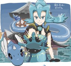 Rule 34 | 1girl, black cape, black choker, blue eyes, blue hair, bodysuit, cape, choker, clair (pokemon), closed mouth, commentary request, creatures (company), dragonair, earrings, floating cape, game freak, gen 1 pokemon, gloves, hair between eyes, jewelry, long hair, looking at viewer, nintendo, outstretched hand, p 0 a, pokemon, pokemon (creature), pokemon hgss, ponytail, smile, solo, spread fingers, tooth earrings, twitter username, two-tone bodysuit