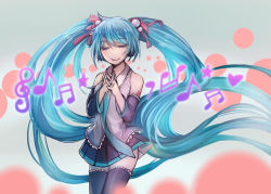 Rule 34 | 1girl, aqua hair, bad id, bad pixiv id, detached sleeves, closed eyes, own hands clasped, hatsune miku, highres, long hair, musical note, necktie, own hands together, ramble12, skirt, solo, thighhighs, twintails, very long hair, vocaloid