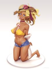 Rule 34 | 1girl, abs, absurdres, alternate costume, arms behind back, barefoot, bikini, bikini under clothes, blue shorts, bow, breasts, choker, cleavage, collarbone, covered erect nipples, curtained hair, cutoffs, dark-skinned female, dark skin, faux figurine, flower, full body, hat, hat flower, hibiscus, highleg, highleg bikini, highres, holding own arm, hood, hoodie, impossible clothes, impossible swimsuit, john doe (jdart), kneeling, kuramitsu mihoshi, large breasts, long hair, looking at viewer, navel, nose, off shoulder, open clothes, open fly, open hoodie, perky breasts, pink bow, pointy ears, ponytail, red choker, red ribbon, ribbon, shorts, side-tie bikini bottom, solo, sun hat, swimsuit, teeth, tenchi muyou!, thighs, toes, upper teeth only, wavy hair, yellow bikini