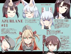 Rule 34 | 4girls, :d, ^^^, admiral hipper (azur lane), ahoge, akagi (azur lane), animal ear fluff, animal ears, azur lane, black gloves, blonde hair, blue background, blush, blush stickers, breasts, brown eyes, brown hair, clenched teeth, closed eyes, commentary request, dated, dress, fox ears, gloves, green eyes, grey dress, grey headwear, hair between eyes, hands on another&#039;s face, hebitsukai-san, highres, kaga (azur lane), letterboxed, long hair, medium breasts, mole, mole on breast, multiple girls, open mouth, parted lips, prinz eugen (azur lane), red eyes, side ponytail, sideboob, smile, tears, teeth, translation request, twitter username, two side up, v-shaped eyebrows, visor cap, white hair, zuikaku (azur lane)