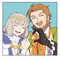 Rule 34 | 2boys, beard, black gloves, brown hair, cape, commentary request, crown, diamond hairband, facial hair, false smile, fate/grand order, fate (series), fur-trimmed cape, fur trim, gloves, kuhu1212, long hair, long sleeves, male focus, middle finger, multiple boys, mustache, oberon (fate), open mouth, short hair, smile, upper body, william shakespeare (fate)