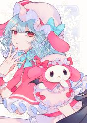 Rule 34 | 1girl, alternate costume, animal ears, bat wings, black wings, blue bow, blue hair, bow, capelet, curly hair, dog ears, eyelashes, fang, fingernails, floral background, frilled capelet, frilled cuffs, frills, hand to own mouth, hand up, hat, hat bow, hat ribbon, highres, katai (nekoneko0720), long fingernails, looking at viewer, medium hair, mob cap, my melody, nail polish, onegai my melody, open mouth, outstretched hand, pink bow, pink capelet, pink nails, red eyes, red nails, remilia scarlet, ribbon, sanrio, touhou, wings, wrist cuffs