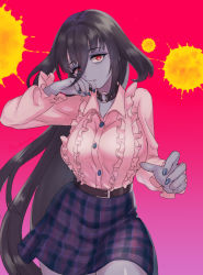 Rule 34 | 1girl, arm up, belt, belt skirt, black hair, blue nails, blue skin, breasts, buttons, chamame, checkered clothes, checkered skirt, choker, closed mouth, collared shirt, colored skin, expressionless, frilled shirt, frills, gradient background, hair between eyes, highres, large breasts, long hair, medium skirt, multicolored background, nail polish, o-ring, o-ring choker, pink background, pink shirt, red eyes, shirt, sidelocks, skirt, solo, splatter, standing, very long hair, yamada tae, yellow background, zombie, zombie land saga