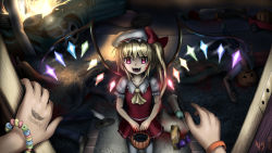 Rule 34 | 1girl, ascot, bat (animal), blonde hair, blood, blood on face, bow, bracelet, candy, car, death, embodiment of scarlet devil, fangs, female focus, fire, flandre scarlet, food, halloween, hat, hat bow, hweggi, jewelry, motor vehicle, open mouth, pov, red eyes, shoes, short hair, side ponytail, skirt, skirt set, socks, solo focus, touhou, vehicle, wings