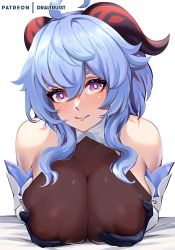 Rule 34 | ahoge, artist name, bare shoulders, bell, black gloves, blue hair, blush, bodystocking, bodysuit, breasts, breasts squeezed together, covered erect nipples, detached sleeves, dr altruist, embarrassed, ganyu (genshin impact), genshin impact, gloves, grabbing own breast, horns, large breasts, looking at viewer, neck bell, purple eyes, sidelocks, skindentation, solo, upper body, white background