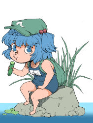 Rule 34 | 1girl, backpack, bag, bare legs, bare shoulders, blue eyes, blue hair, blush, cucumber, eating, food, hair bobbles, hair ornament, hat, kawashiro nitori, looking at viewer, matching hair/eyes, one-piece swimsuit, onikobe rin, plant, rock, school swimsuit, short hair, short twintails, simple background, sitting, sitting on rock, solo, swimsuit, touhou, twintails, two side up, water