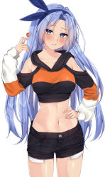 Rule 34 | 1girl, :t, bare shoulders, black shirt, black shorts, blue eyes, blue hair, borrowed character, breasts, candy, clothing cutout, cowboy shot, crop top, exposed pocket, food, hair ribbon, hand on own hip, hand up, highres, holding, holding candy, holding food, holding lollipop, lollipop, long hair, long sleeves, looking at viewer, medium breasts, midriff, bae minah (chaesu), navel, original, pout, revealing clothes, ribbon, shirt, short shorts, shorts, shoulder cutout, solo, standing, stomach, thighs, vitaminechan