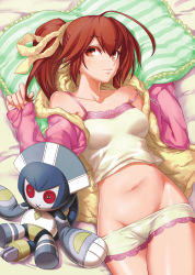 Rule 34 | 1girl, absurdres, ahoge, blazblue, brown eyes, brown hair, celica a. mercury, character doll, highres, lying, minerva (blazblue), navel, non-web source, official art, on back, pillow, ponytail, solo, underwear