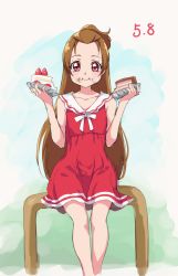 Rule 34 | 1girl, :t, brown hair, chocokin, closed mouth, collarbone, dokidoki! precure, dress, eating, food, food on face, holding, holding food, long hair, looking at viewer, madoka aguri, neck ribbon, ponytail, precure, red dress, red eyes, ribbon, short dress, sitting, sleeveless, sleeveless dress, smile, solo, sundress, very long hair, white background, white ribbon