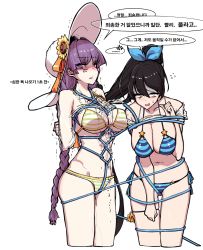 Rule 34 | 2girls, :d, alternate costume, anger vein, arms behind back, bad id, bad pixiv id, bikini, black hair, blush, braid, breasts, cleavage, commentary request, counter:side, female focus, happening18, hat, highres, hose, korean commentary, korean text, lee yumi (counter:side), liv allen, long hair, multiple girls, navel, official alternate costume, open mouth, photoshop (medium), purple hair, shibari, simple background, smile, striped bikini, striped clothes, sun hat, swimsuit, water, white background, yellow eyes