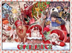 Rule 34 | 4girls, 6+boys, antlers, black hair, blonde hair, blue hair, brook (one piece), candy, candy cane, carrot (one piece), cellphone, christmas, christmas dress, christmas lights, christmas ornaments, christmas present, christmas sweater, christmas tree, closed eyes, commentary, copyright name, cupcake, disembodied hand, dress, english commentary, english text, everyone, eyelashes, food, franky (one piece), gift, gradient hair, hair ornament, hairband, hana hana no mi, happy, hat, highres, horns, jinbe (one piece), long hair, merry christmas, monkey d. luffy, mrs.custard, multicolored hair, multiple boys, multiple girls, nami (one piece), nico robin, one piece, orange hair, phone, reindeer, reindeer antlers, roronoa zoro, sanji (one piece), santa costume, santa dress, santa hat, scar, short hair, skeleton, smartphone, smile, sweater, tony tony chopper, usopp, yamato (one piece)