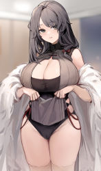 Rule 34 | 1girl, absurdres, azur lane, black hair, black leotard, breasts, brown dress, cameltoe, character request, charybdis (azur lane), charybdis (red chamber of healing) (azur lane), cleavage, clothes lift, cowboy shot, dress, groin, highres, huge breasts, leotard, leotard under clothes, lifted by self, long hair, looking at viewer, nagata gata, parted lips, pelvic curtain, pelvic curtain lift, sleeveless, sleeveless dress, solo, standing, thighhighs