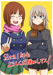 Rule 34 | 2021, 2girls, :d, absurdres, black skirt, blue eyes, blue jacket, border, brown hair, brown scarf, buttons, closed eyes, coat, coat on shoulders, commentary request, crossed arms, double-breasted, dress shirt, facing viewer, fringe trim, girls und panzer, green skirt, grey coat, grey shirt, highres, itsumi erika, jacket, kotoyoro, kuromorimine school uniform, long sleeves, looking at viewer, medium hair, miniskirt, multiple girls, natsume mina, new year, nishizumi miho, ooarai school uniform, open mouth, outside border, pink scarf, pleated skirt, sailor collar, scarf, school uniform, shirt, short hair, side-by-side, silver hair, skirt, smile, standing, translated, v, white border, winter uniform, yellow background