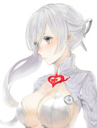 Rule 34 | 1girl, asymmetrical hair, backlighting, blue eyes, blush, breasts, cleavage, closed mouth, from side, grey hair, large breasts, long hair, sidelocks, simple background, sinoalice, snow white (sinoalice), solo, starry babe, white background