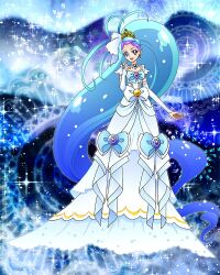 Rule 34 | 1girl, :d, absurdly long hair, aqua hair, artist request, blue eyes, blue hair, commentary, cure mermaid, cure mermaid (dress up premium), cure mermaid (mode elegant), dress, earrings, english commentary, eyelashes, go! princess precure, gradient hair, hair ornament, happy, highres, jewelry, kaidou minami, long hair, looking at viewer, magical girl, multicolored hair, necklace, official art, open mouth, precure, purple hair, smile, solo, standing, third-party source, very long hair, white dress