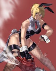 Rule 34 | 1girl, animal ears, artist name, bare shoulders, bent over, blonde hair, blue eyes, breasts, chainsaw, fake animal ears, feet out of frame, fingerless gloves, fishnet thighhighs, fishnets, gloves, hair between eyes, hair bun, highres, holding, holding chainsaw, hunyan, leotard, medium breasts, necktie, original, parted lips, playboy bunny, rabbit ears, rabbit tail, red background, simple background, single hair bun, sleeveless, smile, smoke, solo, standing, tail, teeth, thighhighs, watermark, wrist cuffs