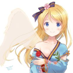 Rule 34 | 1girl, angelic angel, aqua kimono, artist request, ayase eli, bare shoulders, blonde hair, blue bow, blue eyes, blue kimono, blush, bow, breasts, cleavage, female focus, flower, hair bow, hair flower, hair ornament, japanese clothes, kimono, long hair, long sleeves, looking at viewer, love live!, love live! school idol project, obi, pleio ne, ponytail, red flower, sash, short hair, smile, solo, thighhighs, white background, wings, zettai ryouiki