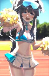 Rule 34 | 1girl, absurdres, animal ears, arata haru, black hair, blue archive, blue eyes, blush, bright pupils, cheerleader, dog ears, dog girl, dog tail, embarrassed, eyewear on head, halo, hibiki (blue archive), hibiki (cheer squad) (blue archive), highres, looking at viewer, medium hair, millennium cheerleader outfit (blue archive), official alternate costume, pleated skirt, pom pom (cheerleading), sidelocks, skirt, solo, sunglasses, tail, tearing up, two-tone skirt, wavy mouth, white pupils, white skirt