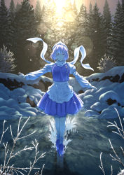 Rule 34 | 1girl, ater9, blue eyes, blue footwear, hat, highres, ice, letty whiterock, light rays, looking at viewer, outstretched arms, scarf, skirt, smile, socks, solo, touhou, tree, walking, walking on liquid, water, white hair, white hat, white scarf, winter