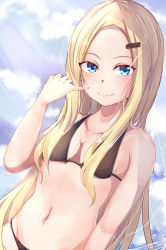 Rule 34 | 1girl, abigail williams (fate), bare shoulders, bikini, black bikini, blonde hair, blue eyes, blue sky, blush, breasts, closed mouth, collarbone, fangxiang, fate/grand order, fate (series), forehead, hair ornament, hairclip, highres, long hair, looking at viewer, navel, painttool sai (medium), parted bangs, pinky out, sky, small breasts, smile, solo, swimsuit, very long hair