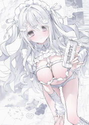 Rule 34 | 1girl, absurdres, arm warmers, bandaid, blush, breasts, can, closed mouth, energy drink, eyelashes, fingernails, frills, gummy bear, hair between eyes, hair ornament, hair ribbon, hairclip, hairpin, heart, highres, holding, holding can, jersey maid, large breasts, leg warmers, light smile, long hair, looking at viewer, maid, maid headdress, map, map print, nail polish, navel, noah (0noah), original, ribbon, see-through, shorts, single wing, smile, solo, solo focus, sparkle, sticker, two side up, unconventional maid, white background, white hair, white nails, white ribbon, white shorts, white theme, wings, zipper