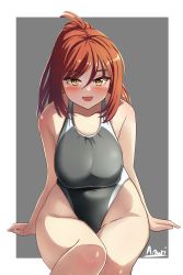 Rule 34 | 1girl, a.nori, absurdres, black one-piece swimsuit, blush, breasts, brown hair, commentary request, competition swimsuit, cowboy shot, curvy, grey one-piece swimsuit, groin, highleg, highleg swimsuit, highres, large breasts, leaning forward, long hair, looking at viewer, one-piece swimsuit, open mouth, original, ponytail, smile, solo, swimsuit, wide hips, yellow eyes