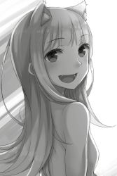 Rule 34 | 1girl, :d, animal ears, ayakura juu, blunt bangs, breasts, fang, greyscale, highres, long hair, looking at viewer, looking back, monochrome, myuri (spice and wolf), non-web source, novel illustration, nude, official art, open mouth, simple background, small breasts, smile, solo, spice and wolf, upper body, white background, wolf ears