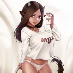 Rule 34 | 1girl, animal ears, bell, neck bell, bottle, breasts, brown hair, collar, cow ears, cow girl, cow horns, cow tail, cowboy shot, ear tag, highres, holding tail, horiishi horuto, horns, large breasts, long hair, looking at viewer, milk, milk bottle, no pants, original, panties, parted lips, red eyes, signature, skindentation, solo, standing, tail, taut clothes, underwear, white panties