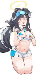 Rule 34 | 1girl, absurdres, animal ears, bangle, bare shoulders, black hair, blue archive, blue eyes, blush, bracelet, breasts, cheerleader, cleavage, crop top, dog ears, dog girl, dog tail, eyewear on head, gloves, halo, hibiki (blue archive), hibiki (cheer squad) (blue archive), highres, jewelry, long hair, looking at viewer, medium breasts, midriff, millennium cheerleader outfit (blue archive), navel, official alternate costume, painterliuhao, pom pom (cheerleading), single glove, skirt, sleeveless, smile, solo, stomach, tail, tail wagging, tongue, tongue out, white background, white gloves