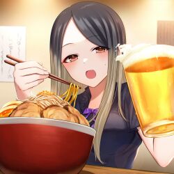 Rule 34 | 1girl, :d, absurdres, alcohol, beer, beer mug, black hair, black shirt, bow, breasts, brown eyes, brown hair, chopsticks, commentary request, copyright request, cup, food, food focus, food request, gradient hair, highres, holding, holding chopsticks, holding cup, hoshimiya aki, long hair, looking at viewer, mug, multicolored hair, noodles, official art, open mouth, parted bangs, purple bow, ramen, shirt, short sleeves, small breasts, smile, solo, sweat, upper body