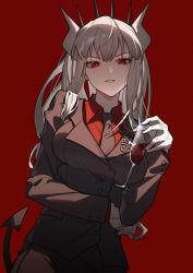 Rule 34 | 1girl, absurdres, black jacket, black necktie, breasts, collared shirt, cowboy shot, cup, demon girl, demon horns, demon tail, drinking glass, gloves, grey hair, helltaker, highres, horns, jacket, large breasts, long hair, long sleeves, lucifer (helltaker), mole, mole under eye, necktie, parted lips, red background, red eyes, red shirt, set xshiver, shirt, simple background, solo, tail, teeth, white gloves, wine glass