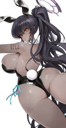 Rule 34 | 1-5iro, 1girl, absurdres, animal ears, arched back, ass, back, bare shoulders, black hair, black leotard, blue archive, blush, breasts, dark-skinned female, dark skin, detached collar, fake animal ears, fake tail, halo, highleg, highleg leotard, highres, karin (blue archive), karin (bunny) (blue archive), large breasts, leotard, long hair, looking at viewer, looking back, official alternate costume, playboy bunny, ponytail, rabbit ears, rabbit tail, sideboob, sidelocks, solo, tail, thighs, very long hair, yellow eyes