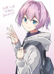 Rule 34 | 1girl, backpack, bag, beige background, blue eyes, character name, dated, gradient background, grey sweater, highres, hood, hooded sweater, hoodie, kantai collection, long sleeves, one-hour drawing challenge, pink hair, ponytail, shiranui (kancolle), short hair, smile, solo, sweater, twitter username, u yuz xx, upper body, waving, white background