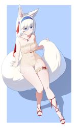 Rule 34 | 1girl, absurdres, animal ear fluff, animal ears, arm support, bare shoulders, blue background, blue eyes, blue hairband, border, bow, breasts, collarbone, commission, covered erect nipples, covered navel, fox ears, fox girl, fox tail, full body, googoogaagaa, hair between eyes, hair ornament, hairband, highres, large tail, long hair, looking at viewer, medium breasts, navel, neck ribbon, nipples, no bra, no panties, no pussy, open mouth, red bow, red footwear, red ribbon, ribbon, sandals, see-through, shadow, sitting, smile, solo, tail, thigh gap, thigh strap, thighs, white border, white hair