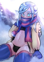 Rule 34 | 1boy, arm support, black male underwear, blue eyes, blue hair, blue mittens, blue thighhighs, blush, bulge, commentary, creatures (company), eyelashes, game freak, grusha (pokemon), hand up, highres, jacket, long hair, long sleeves, looking down, male focus, male underwear, mittens, navel, nintendo, open clothes, open jacket, outdoors, pokemon, pokemon sv, scarf, sitting, sleepy (mu68968), solo, thighhighs, underwear, yellow jacket