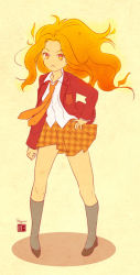 Rule 34 | 1girl, adventure time, annoyed, black socks, cartoon network, colored skin, dress shirt, flame princess, flaming hair, frown, hand on own hip, hiyori chisha, jacket, long hair, looking at viewer, loose necktie, necktie, open clothes, open jacket, orange eyes, orange hair, orange skin, plaid, plaid skirt, school uniform, shirt, shoes, skirt, socks, solo