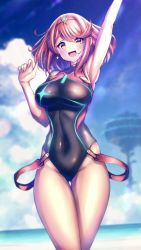 Rule 34 | 1girl, :d, absurdres, arm up, armpits, beach, black one-piece swimsuit, breasts, chest jewel, competition swimsuit, covered collarbone, covered navel, earrings, gem, hakusai (hksicabb), headpiece, highres, jewelry, large breasts, looking at viewer, one-piece swimsuit, open mouth, pyra (pro swimmer) (xenoblade), pyra (xenoblade), red hair, red one-piece swimsuit, smile, solo, strapless, strapless one-piece swimsuit, swept bangs, swimsuit, thighs, tiara, two-tone swimsuit, xenoblade chronicles (series), xenoblade chronicles 2