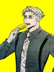 Rule 34 | 1boy, animal print, buttoned cuffs, buttons, eating, food, goggles, highres, holding, holding food, holding popsicle, jujutsu kaisen, leopard print, long sleeves, male focus, nanami kento, necktie, popsicle, shirt, short hair, solo, suspenders, teeth, upper body, upper teeth only, yellow background, yoreyore