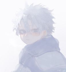 Rule 34 | 1boy, aged down, blush, child, grey hair, hair between eyes, highres, kimetsu no yaiba, looking at viewer, male focus, odd7qjxrjtueldt, portrait, scar, shinazugawa sanemi, short hair, simple background, snow, solo, white background, winter clothes