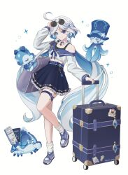 1girl ahoge alternate_costume bag blue_eyes blue_skirt bow collar frilled_skirt frills furina_(genshin_impact) genshin_impact gentilhomme_usher heterochromia highres long_hair long_sleeves looking_at_viewer mademoiselle_crabaletta passport podomascha rolling_suitcase round_eyewear shirt shoes shoulder_bag simple_background skirt smile sneakers socks sticker suitcase surintendante_chevalmarin thigh_strap ticket tinted_eyewear white_background white_shirt